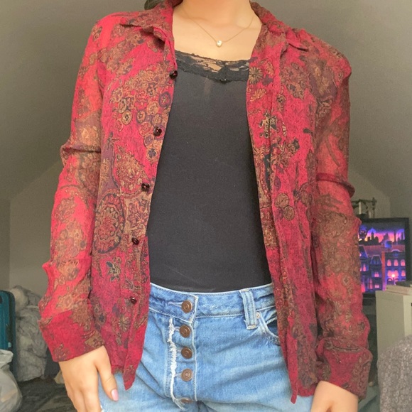 Sheer Red Paisley Button Down - Picture 1 of 5